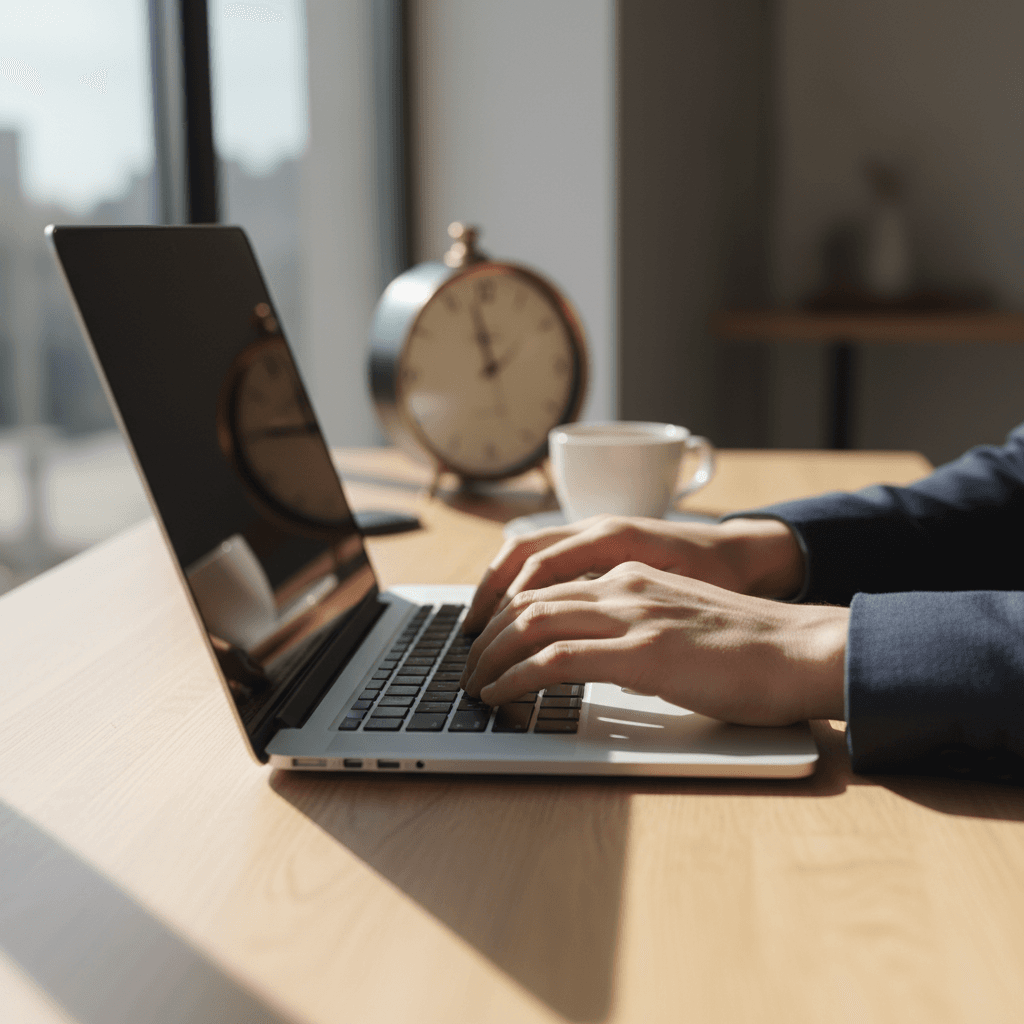 Hands typing message on laptop keyboard