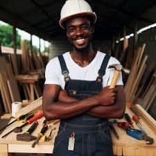Smiling Black carpenter in a hard hat and overalls holding a hammer in a workshop.